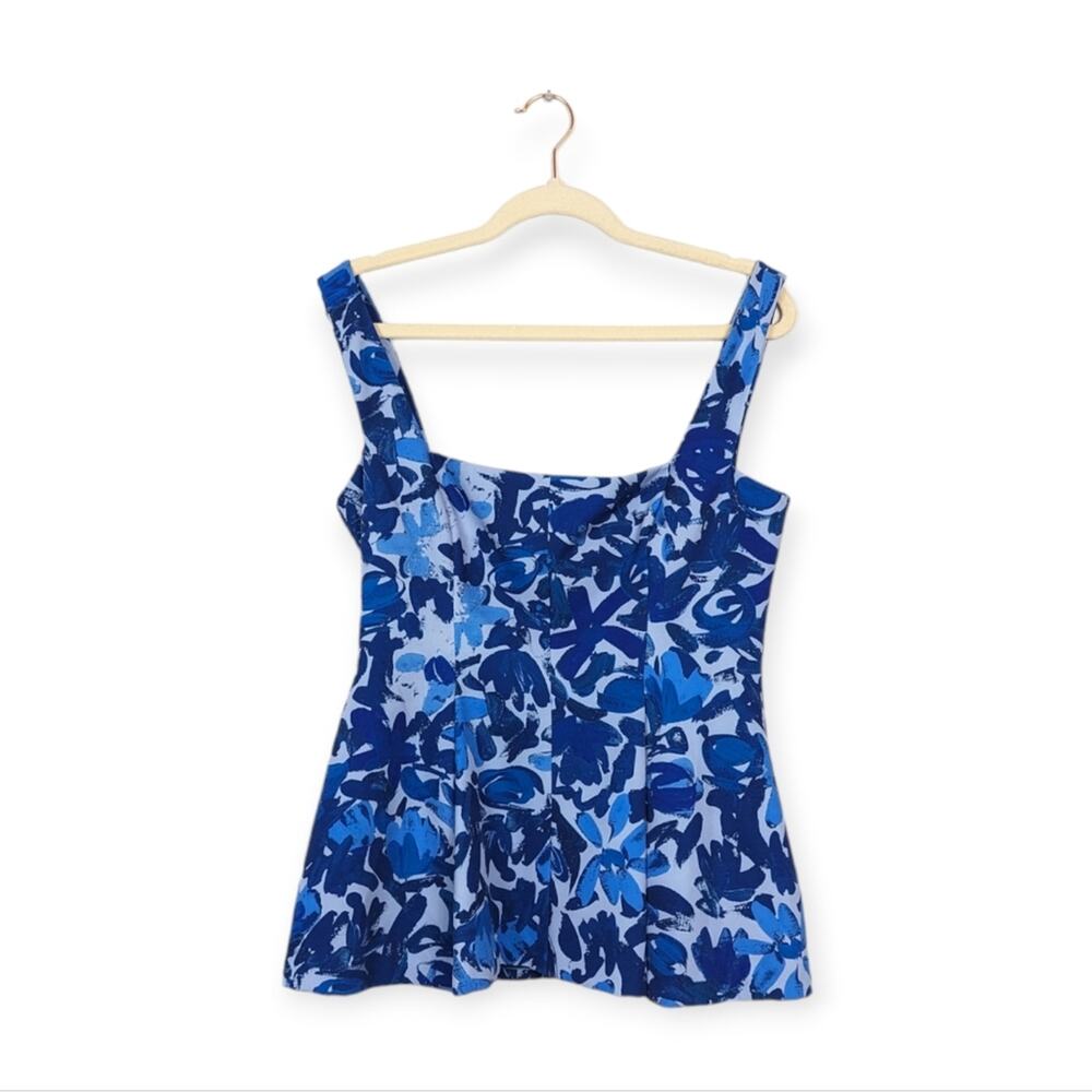 Lela Rose Blue Abstract Floral Print Sleeveless Peplum Top